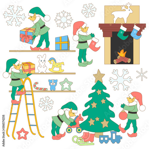 Christmas set consisting of Santa's elves who decorate the tree with toys and balls, hang socks on the fireplace and remove gifts from the shelves, color vector clip art on a white isolated background