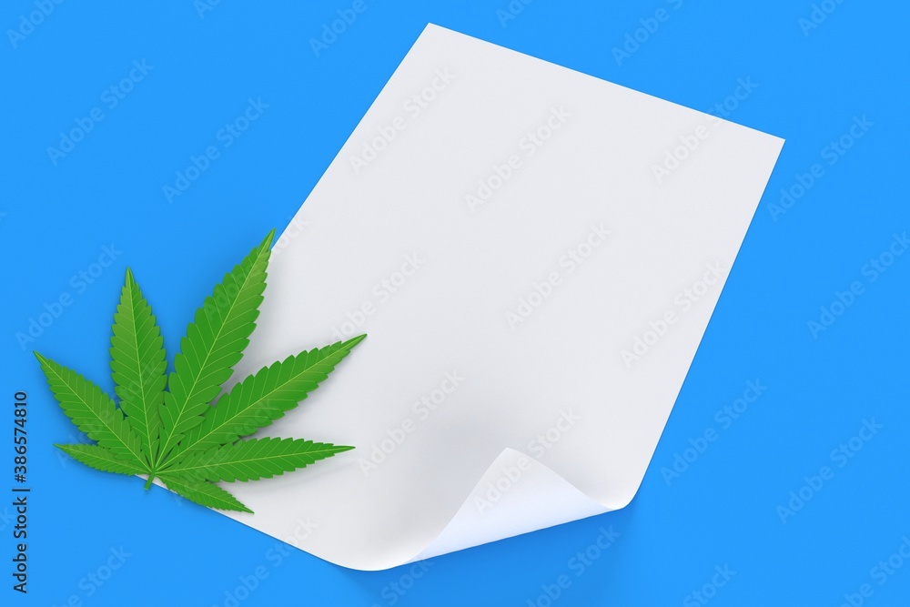 Cannabis leaf with blank sheet of paper - obrazy, fototapety, plakaty 