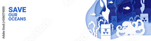 Campaign banner for the protection of the ocean from pollution. Layered paper-style design. Ecology and environment protection. Vector illustration