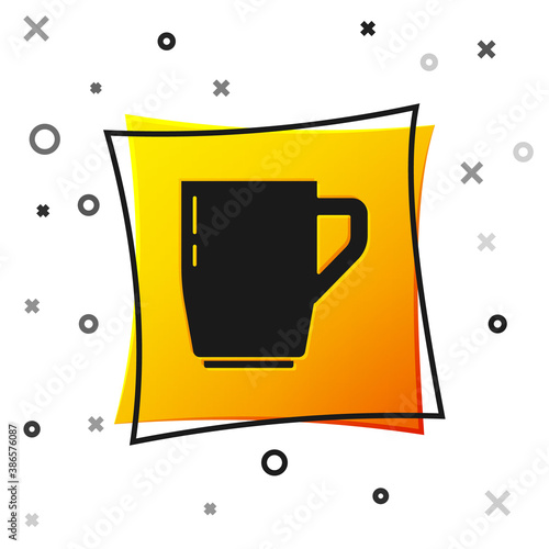 Black Coffee cup icon isolated on white background. Tea cup. Hot drink coffee. Yellow square button. Vector.