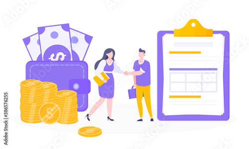 Loan money installment or credit approval business concept vector illustration. Salary payment, online payment symbols with people working together, large clipboard and money coins.