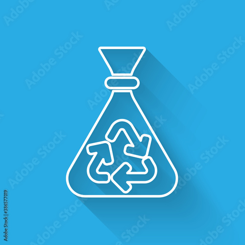 White line Garbage bag with recycle symbol icon isolated with long shadow. Trash can icon. Recycle basket sign. Vector.