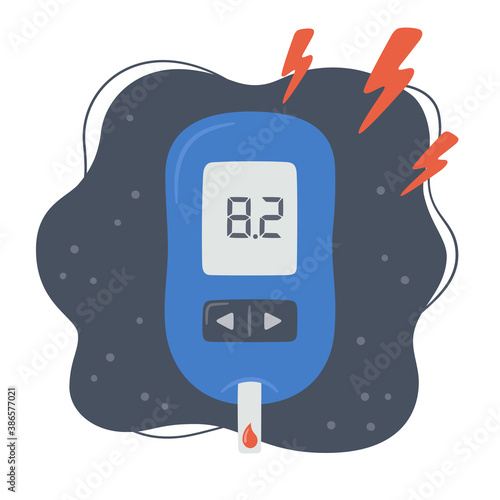 Portable glucometer with increased blood glucose level. Blood sugar readings. Diabetes control and diagnostics. Medical measurement apparatus. Vector illustration