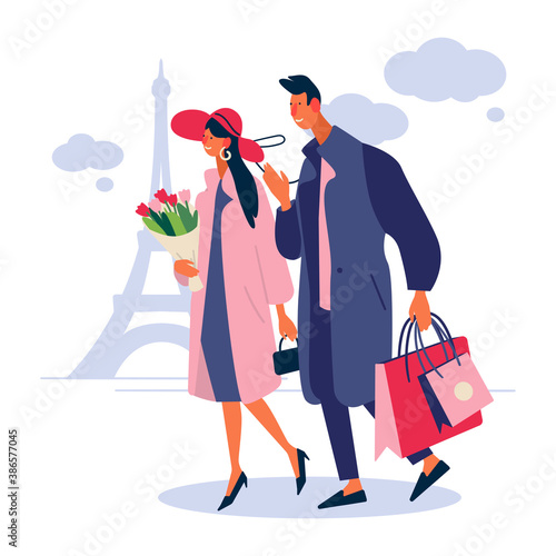 Couple on a romantic trip in Paris. Men and women traveler. Flat vector  illustration.  