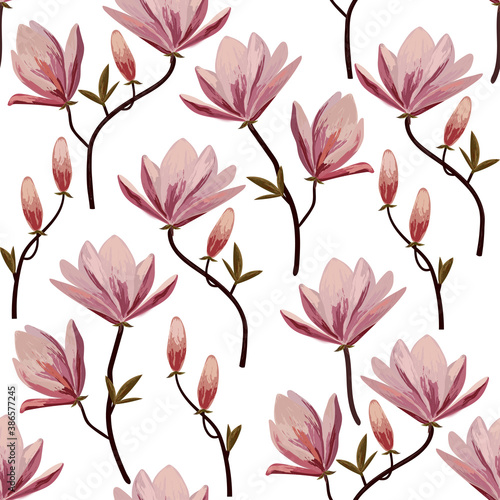 Seamless floral pattern with lotos flowers on white background.