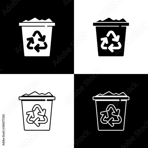 Set Recycle bin with recycle symbol icon isolated on black and white background. Trash can icon. Garbage bin sign. Recycle basket sign. Vector.