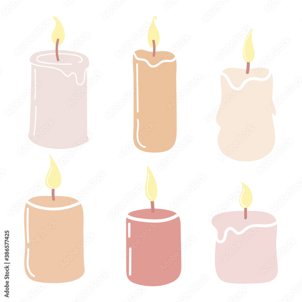 Set of burning candles. Hand-drawn vector illustration in doodle style . Design for holiday cards, stickers, print, Christmas,New Year Set of burning candles. Hand-drawn vector illustration in doodle style . Design for holiday cards, stickers, print, Christmas,New Year
