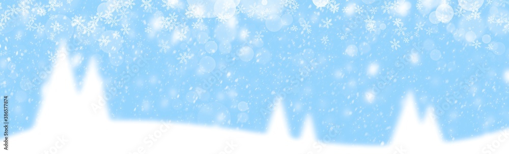 White Snow flake Winter with bokeh and Christmas tree on blue background in Christmas holidays 2020 ,Banner background White Snow flake Winter with bokeh and Christmas tree on blue background in Christmas holidays 2020 ,Banner background