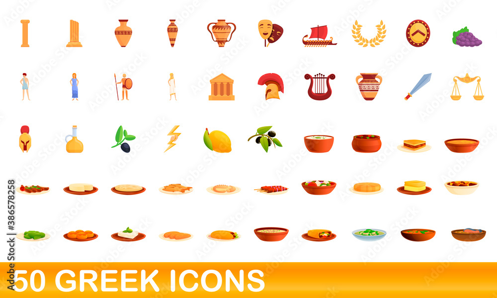 50 greek icons set. Cartoon illustration of 50 greek icons vector set isolated on white background 50 greek icons set. Cartoon illustration of 50 greek icons vector set isolated on white background