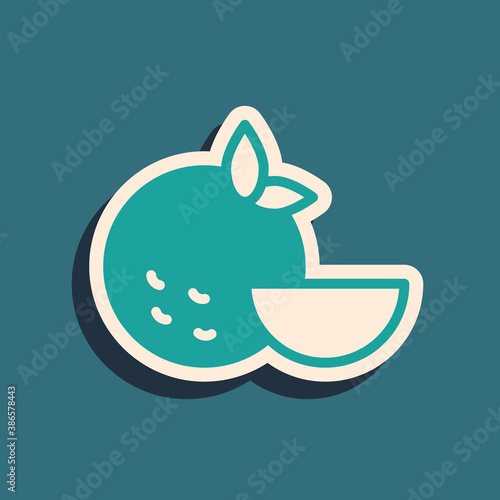 Green Orange fruit icon isolated on green background. Long shadow style. Vector.