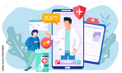 Online consultation of a patient with a doctor. The therapist prescribes treatment for a man via the Internet. Smiling guy leans on container with pills and talks. Medicine in a mobile phone