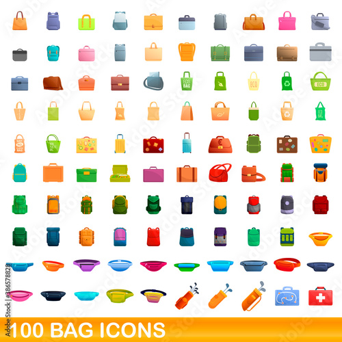 100 bag icons set. Cartoon illustration of 100 bag icons vector set isolated on white background