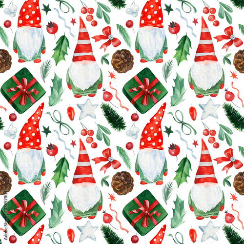Fototapeta Naklejka Na Ścianę i Meble -  Seamless pattern, Christmas background, Toy Santa, elf, holly, bows. Watercolor drawings