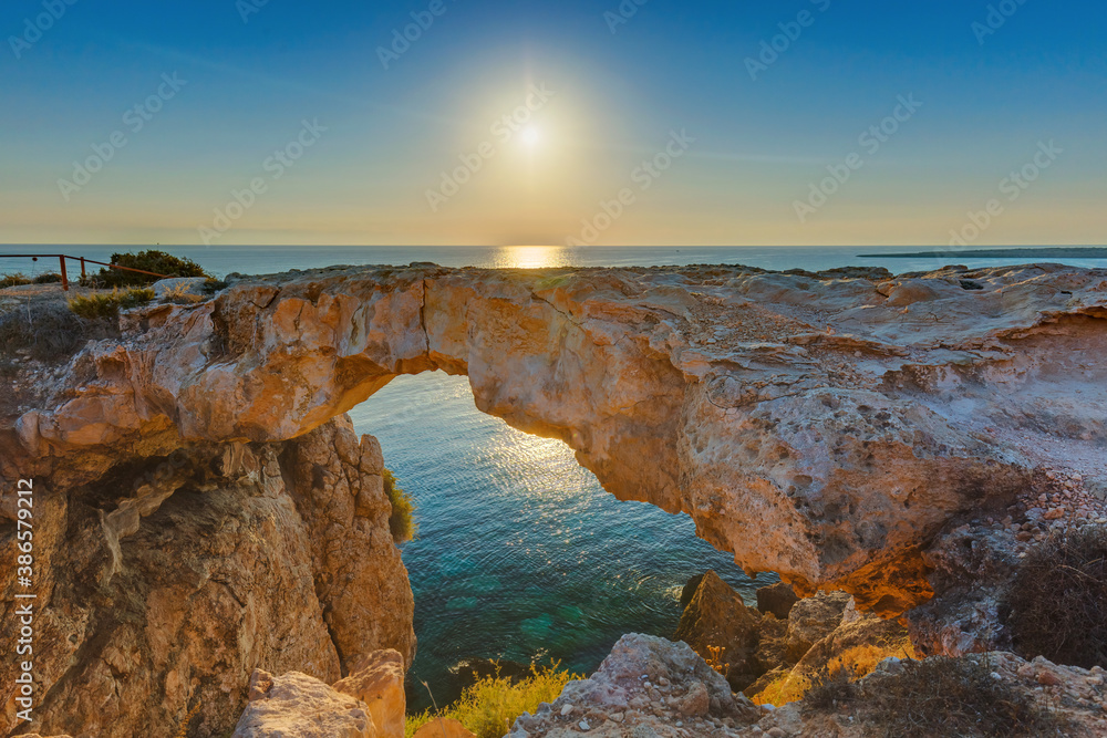 Famous stone Sin Bridge at sunrise in Ayia Napa Cyprus