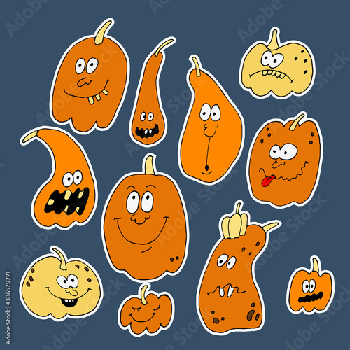 Set of stickers Halloween hand-drawn pumpkins. Vector doodles depict pumpkin faces with eyes, mouths in different emotions. Drawing in cartoon style isolated on white background.