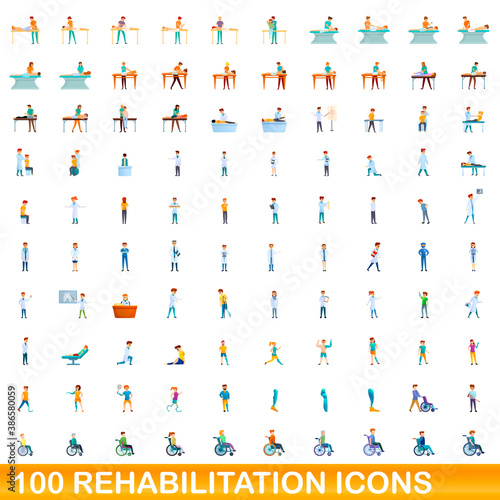 100 rehabilitation icons set. Cartoon illustration of 100 rehabilitation icons vector set isolated on white background