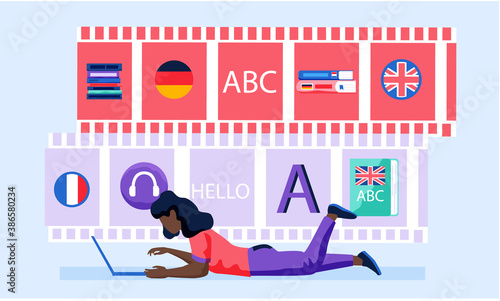 Translation service concept. Polyglot translating document, books and speach. Multilanguage dictionary. A woman with a laptop typing on the keyboard and is engaged in the translation of texts