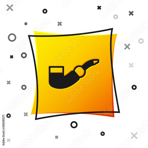 Black Smoking pipe icon isolated on white background. Tobacco pipe. Yellow square button. Vector.