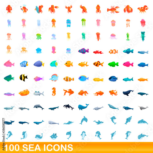 Fototapeta Naklejka Na Ścianę i Meble -  100 sea icons set. Cartoon illustration of 100 sea icons vector set isolated on white background