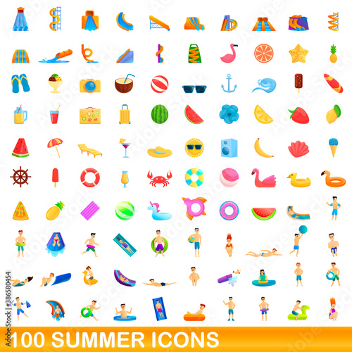 100 summer icons set. Cartoon illustration of 100 summer icons vector set isolated on white background