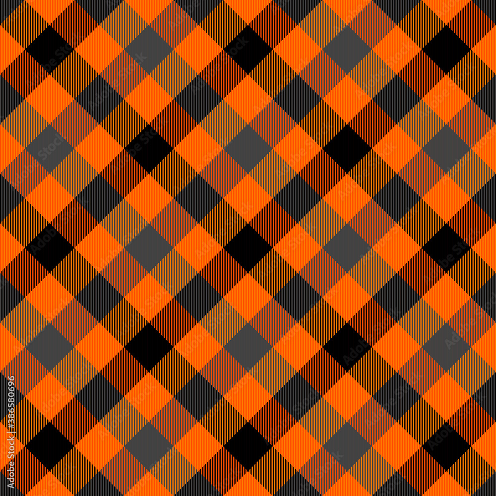 Diagonal tartan Halloween plaid. Scottish pattern in orange, gray and black cage. Scottish cage. Traditional Scottish checkered background. Seamless fabric texture. Vector illustration Diagonal tartan Halloween plaid. Scottish pattern in orange, gray and black cage. Scottish cage. Traditional Scottish checkered background. Seamless fabric texture. Vector illustration