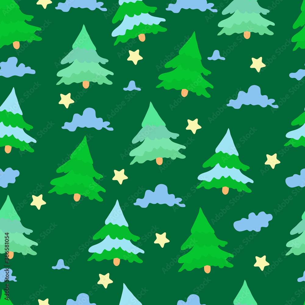 Seamless pattern of forest firs, clouds and stars on a dark green background. Pattern for packaging, for Christmas gifts, for wrapping paper, flat-style wallpaper.
