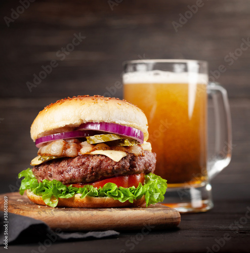 Homemade tasty beef burger and beer