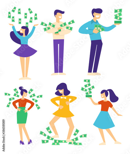 People with pile of money, characters trowing banknotes