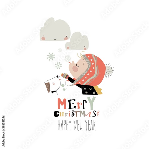 Cute cartoon girl catches snowflakes with tongue