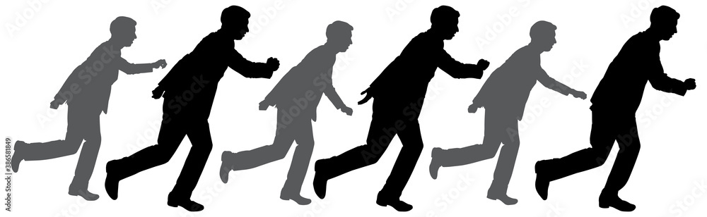 Set of businessman character design. Running man in a business suit. Vector illustration of black isolated man on white background. Business team and teamwork concept. Flat design people characters. Set of businessman character design. Running man in a business suit. Vector illustration of black isolated man on white background. Business team and teamwork concept. Flat design people characters.