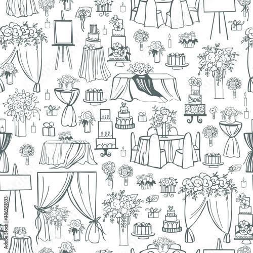 Wedding flowers, cakes, bridal bouquet.   Vector  pattern