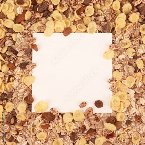 Muesli cereal flakes with chocolate meal text frame square border