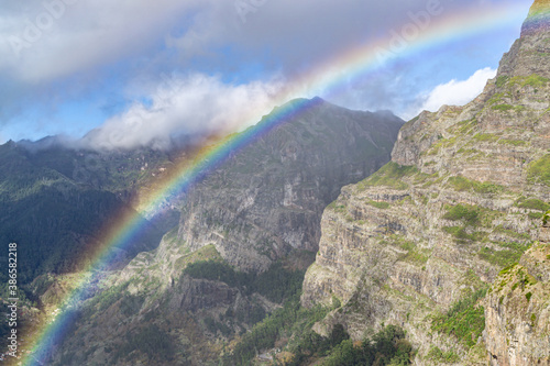 Beautiful landscape in the high mountains of Madeira  Portugal with rainbow and view of the valley of nuns