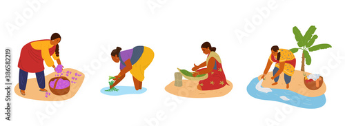 Vector Set Of Indian Women Working. Collecting Saffron, Working In Rice Field, Sorting Herbs, Doing Hand Laundry. Manual Labour.