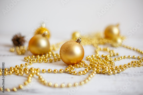 Christmas background, Golden Christmas tree toys and beads