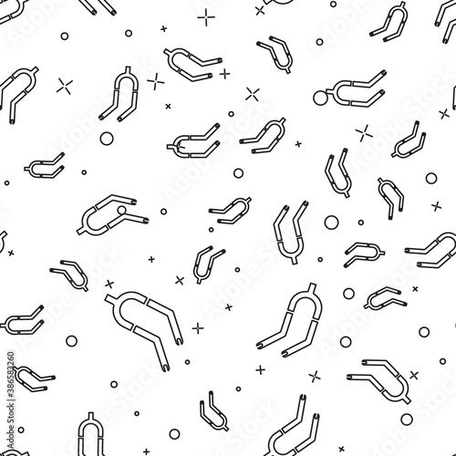 Black line Bicycle suspension fork icon isolated seamless pattern on white background. Sport transportation spare part steering wheel. Vector.