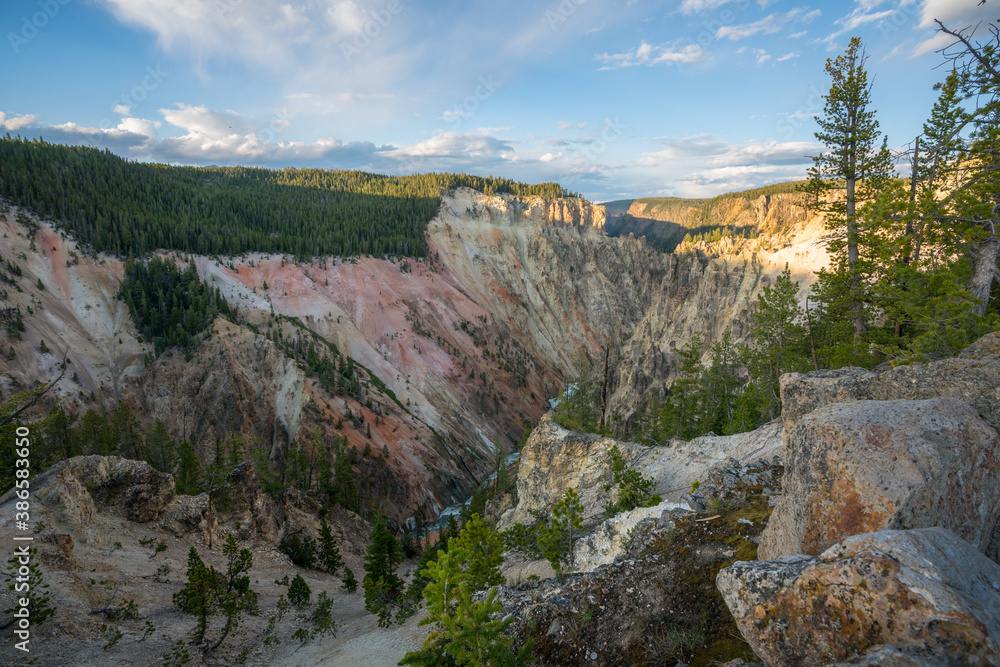 lower falls of the yellowstone national park from artist point at sunset, wyoming, usa