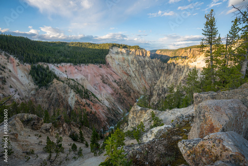 lower falls of the yellowstone national park from artist point at sunset, wyoming, usa
