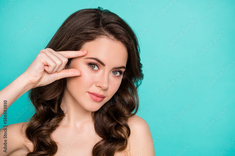 Closeup photo of beautiful curly hairdo lady nude naked shoulders tempting appearance fingers check eyebrow eye line no wrinkles face isolated turquoise color background Closeup photo of beautiful curly hairdo lady nude naked shoulders tempting appearance fingers check eyebrow eye line no wrinkles face isolated turquoise color background