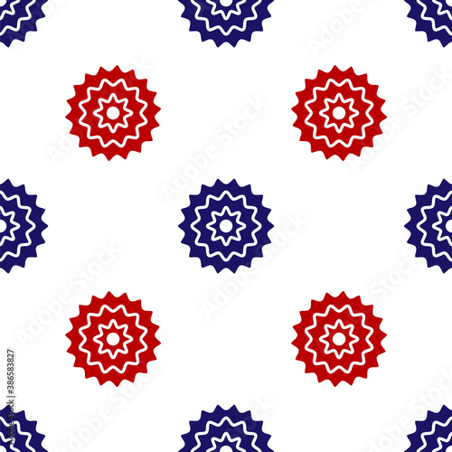 Blue and red Bicycle cassette mountain bike icon isolated seamless pattern on white background. Rear Bicycle Sprocket. Chainring crankset with chain. Vector.