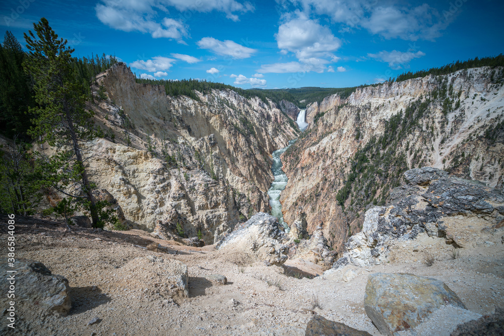 lower falls of the yellowstone national park from artist point, wyoming, usa