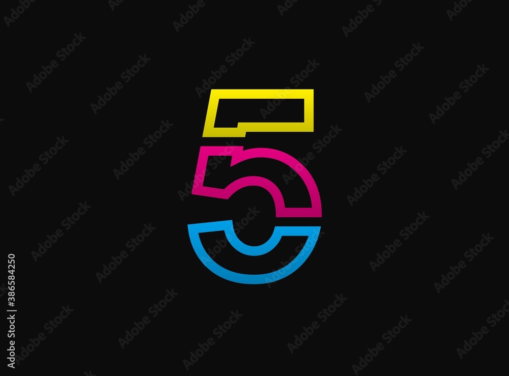 5 number logo, vector desing font .Dynamic cmyk split blue, pink, yellow color on black background. 5 number logo, vector desing font .Dynamic cmyk split blue, pink, yellow color on black background.