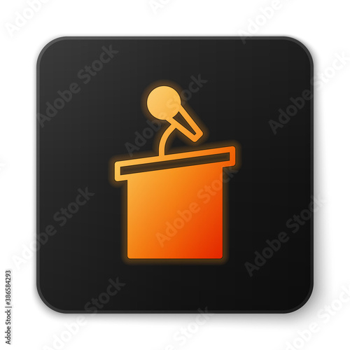 Orange glowing neon Stage stand or debate podium rostrum icon isolated on white background. Conference speech tribune. Black square button. Vector.