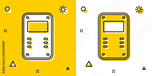 Black Police assault shield icon isolated on yellow and white background. Random dynamic shapes. Vector.