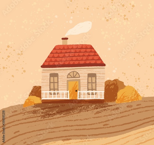 Hand drawn cozy rustic house against the landscape. Rural seasonal scenery with cute countryside cottage. Comfy farmhouse in autumn. Vector illustration in flat cartoon style