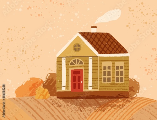 Hand drawn countryside autumn landscape with cute peasant house. Colorful woo...
