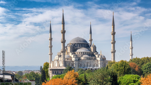 Panoramic view of the Sultanahmet Mosque (Blue Mosque) in sunny autumn day - Istanbul, Turkey.