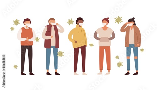 Group of people in protective medical masks surrounded by bacterium. Men and women wearing respirators. Protection from seasonal disease, virus, covid 19, infection. Flat vector cartoon illustration.