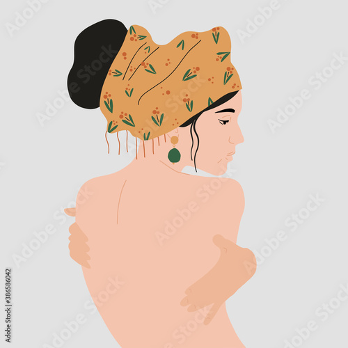 Naked woman with beautiful earring and a colorful turban on her head. Vector illustration