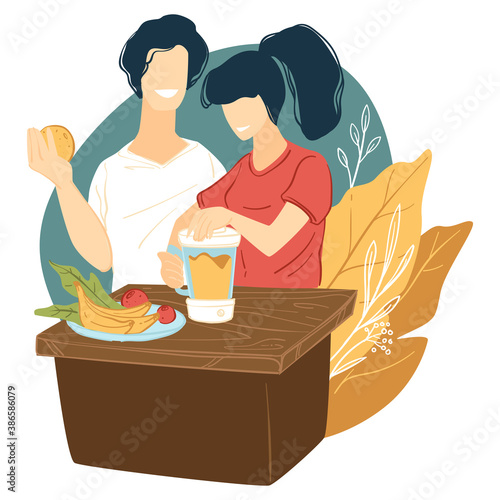 Couple making fresh smoothie of tropical fruits vector
